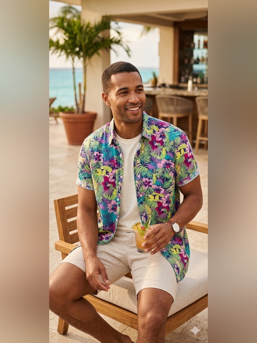 Crown & Ivy Men Sz XL Classic Fit Motion Flex Hawaiian Tropical Shirt Logo Resor